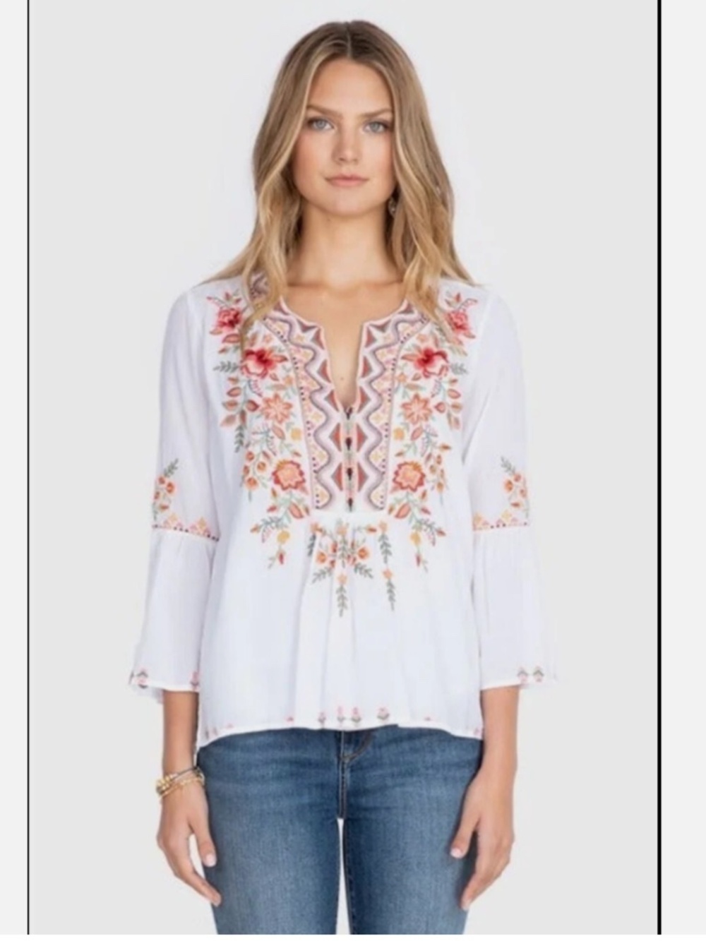 Johnny Was Alise Flare Sleeve Boho Peasant Top with Embroidery